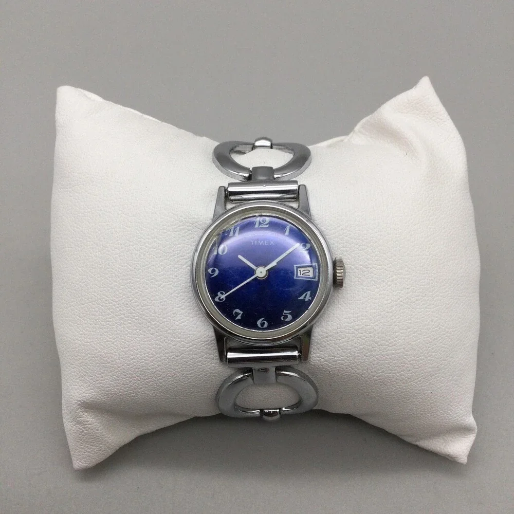Vintage Timex Womens Watch 24mm Blue Dial Date Silver Tone Manual Wind 6.5